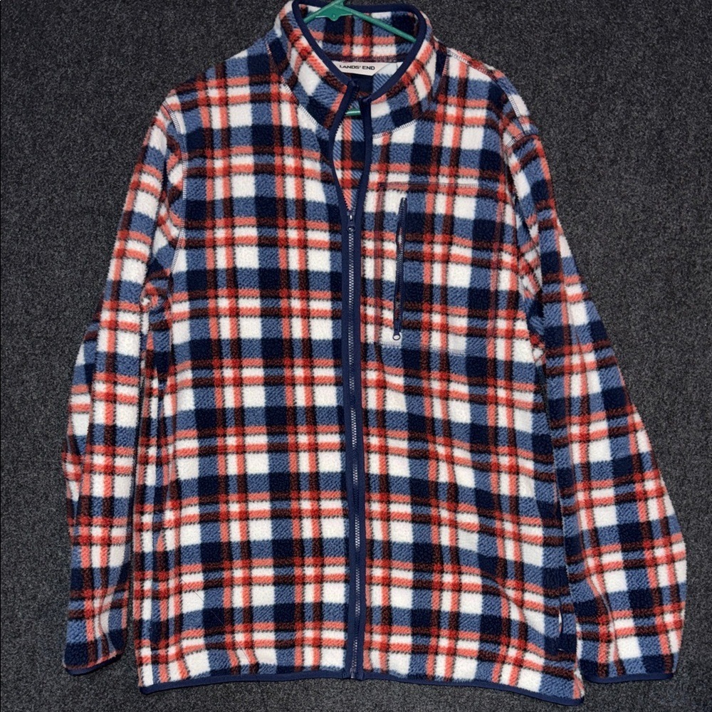 Lands End Mens Fleece Plaid Zip Up Jacket L T Blue Red White